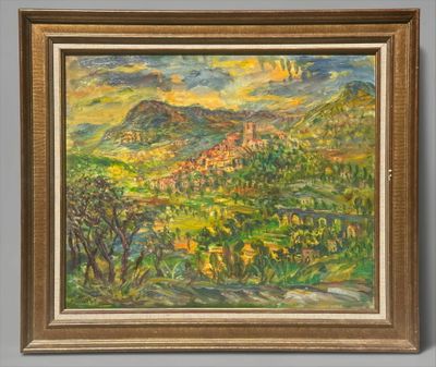 a painting of a landscape with mountains and trees in a gold frame