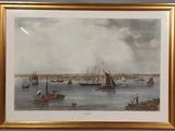 tableau représentant une vue d'un port avec des bateaux et des personnes sur l'eau