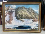 a painting of a mountain with a lake in the middle of it