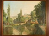 an image of a painting of a river with a house in the background