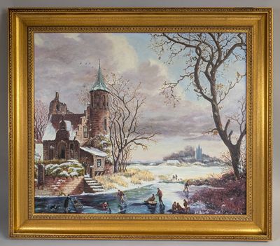 an oil painting of a winter scene with a church in the background