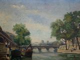 a painting of a bridge over a river with boats on it