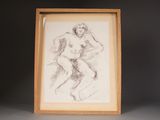 dessin représentant une femme nue, encadré dans un cadre en bois, sur un fond gris