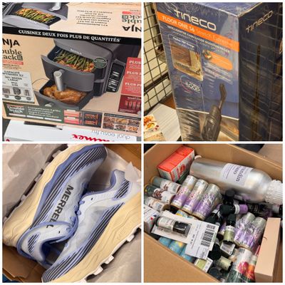 de nombreuses photos différentes représentant une boîte de nourriture et une paire de chaussures