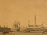 painting of a view of a harbor with a lighthouse in the distance