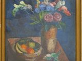 a painting of flowers and fruit in a vase on a table