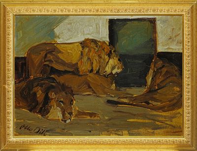 tableau représentant deux lions se reposant par terre devant un téléviseur