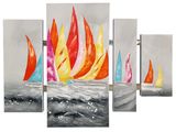 Peinture sur toile représentant des voiliers multicolores sur l'océan