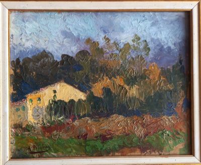 an oil painting of a house in a field with trees in the background