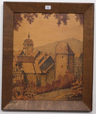 une image représentant un tableau d'un village avec une tour horloge en arrière-plan