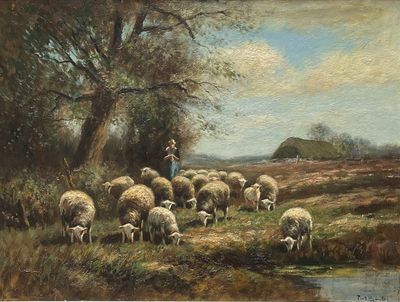 a painting of a man herding a flock of sheep