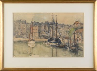 une image d'une peinture de bateaux dans un port avec des bâtiments en arrière-plan