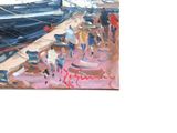painting of a group of people standing on a pier next to a boat