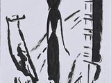 dessin représentant une femme debout devant une fenêtre avec un chien