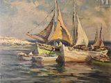 un tableau représentant des bateaux sur l'eau, avec le ciel en arrière-plan