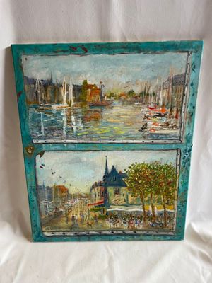 tableau représentant une vue d'un port avec des bateaux sur l'eau