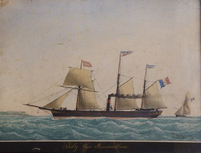 tableau représentant un voilier en pleine mer, avec d'autres bateaux en arrière-plan