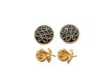 a pair of black and gold earrings with a tree design