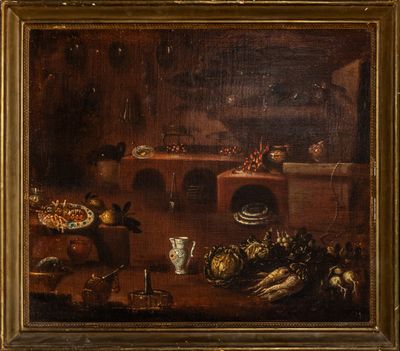 an oil painting of a kitchen scene with a stove, sink, dishwasher, and other items