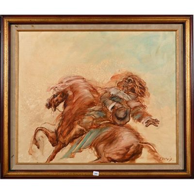 une peinture à l'huile représentant un homme à cheval, dans un cadre marron