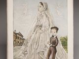 an old picture of a bride and groom standing in front of a building