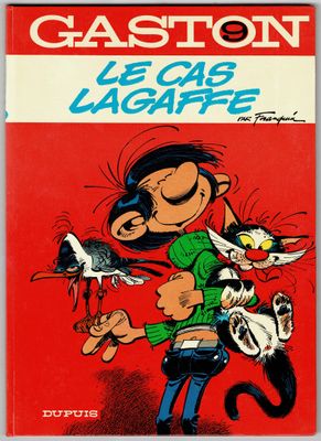 une couverture de livre rouge sur laquelle figure un personnage de bande dessinée tenant un chat