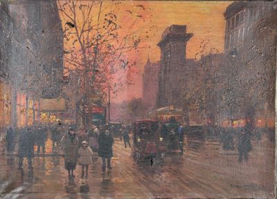 une peinture de personnes marchant dans la rue sous la pluie