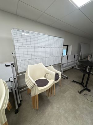 a room with a lot of chairs and tables in it