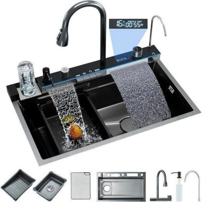 a picture of a kitchen sink with a faucet, sink, and other kitchen accessories