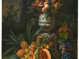 peinture représentant une nature morte composée de fruits posés sur une table, avec un vase contenant des fruits
