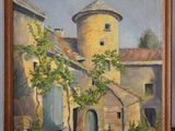 an oil painting of a building with a tree in front of it