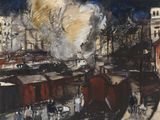a painting of a train on the tracks in the city