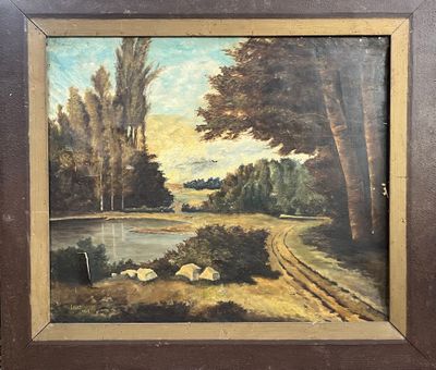 an oil painting of a landscape with a river and trees