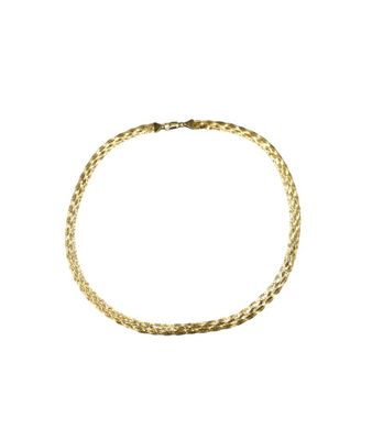 a gold bracelet with a braid design on a white background