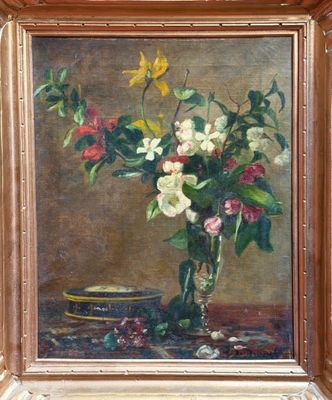 painting of a vase of flowers on a table with a plate