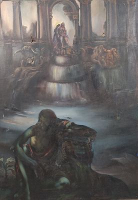 a painting of a man sitting on a rock in front of a fountain