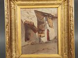 an old picture of a painting of a street scene in a gold frame