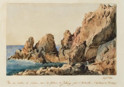 painting of a rocky coast with rocks and a body of water in the foreground