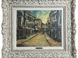 peinture à l'huile d'une scène de rue avec des bâtiments en arrière-plan