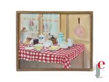 un tableau représentant une table recouverte d'une nappe à carreaux rouges et blancs