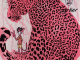 a pink and black painting of a leopard and a girl