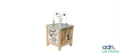 a small wooden cabinet with a vase on top
