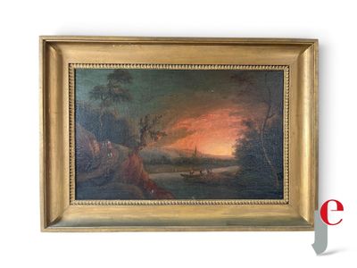 an oil painting of a sunset over a lake with a boat in the water