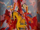 painting of a man riding a horse in a red and yellow outfit