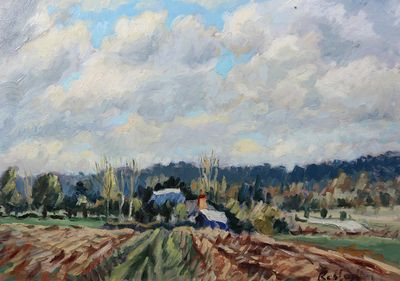 an oil painting of a farm scene with a plow in the foreground