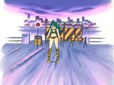 cartoon drawing of a woman with green hair standing in front of a city
