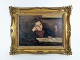 tableau représentant un jeune garçon en train de lire un livre, dans un cadre doré