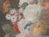 a painting of flowers in a glass vase on a table