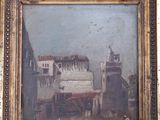 painting of a street scene with a horse drawn carriage and a horse drawn carriage