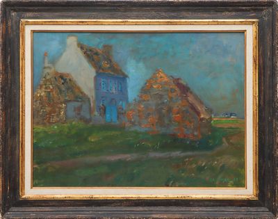 an oil painting of a farm scene with a blue house in the background